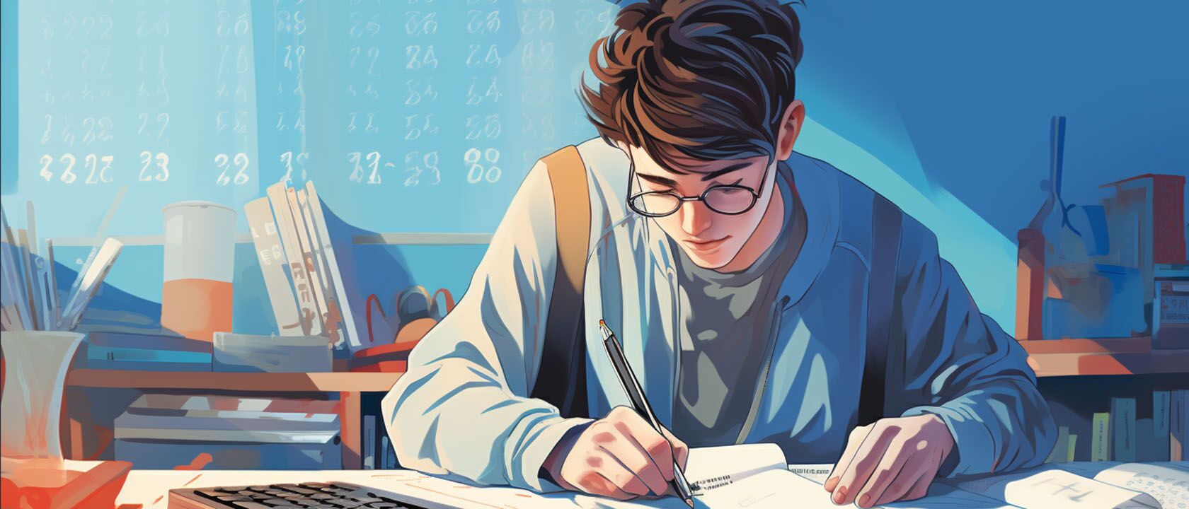 student writing at a desk