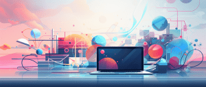 laptop surrounded by circular shapes
